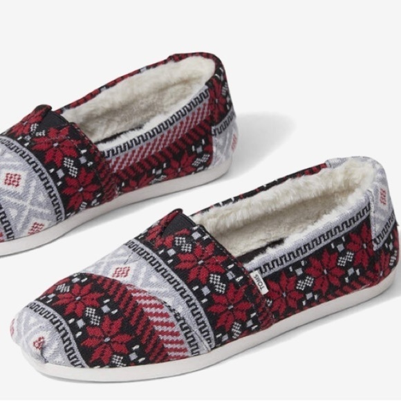 Toms Fairisle Sweater Red/Black CloudBound™ Fur Lined Slip On Alpargata Flats - Picture 1 of 8